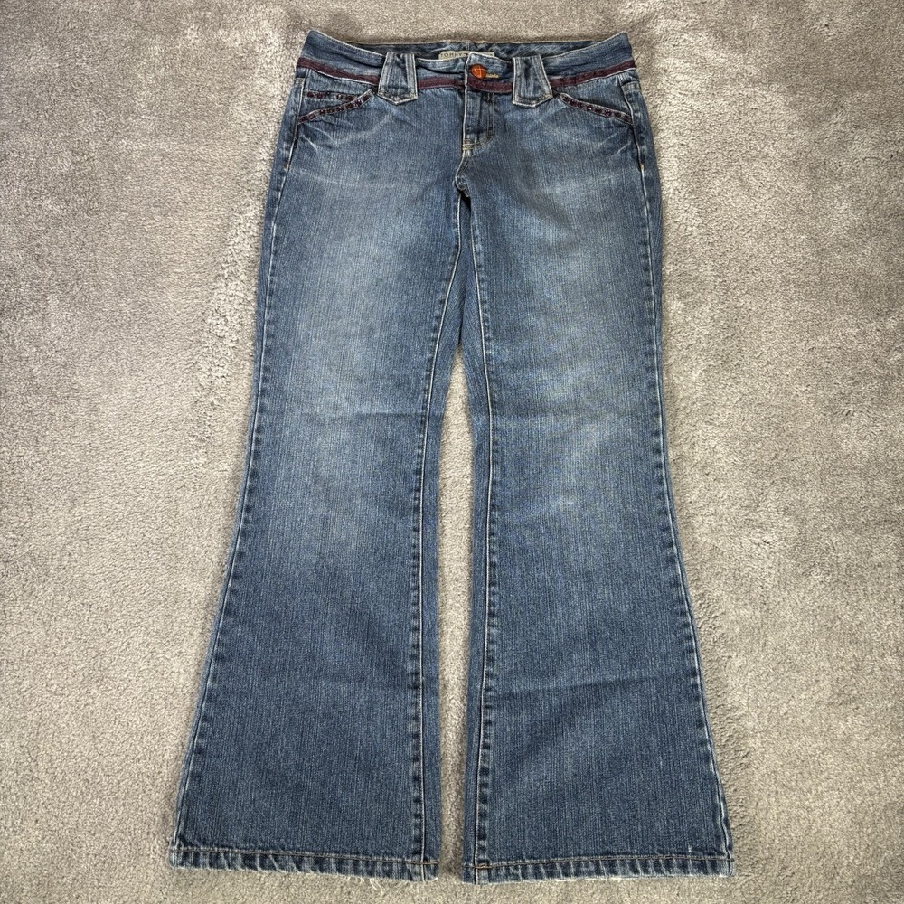 Vintage Tommy Hilfiger Jeans Women 8S Low Rise Flared Blue Denim Velvet Trim Y2K